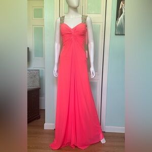 Size 2 La Femme Prom Neon Flamingo Pink Dress Gown Aline Simple Flowy